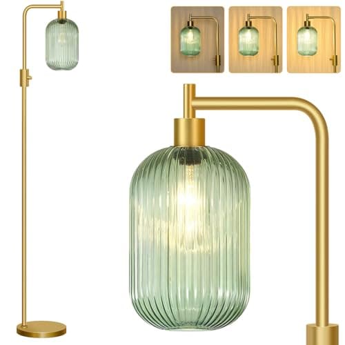 【Upgraded】 Dimmable Glass Floor Lamp for Living Room, Modern Gold Standing Lamp with Green Ribbed Glass Lampshade & Knob Dimmer, Arc Tall Lamp for Bedroom Office Reading Room, 2700K Led Bulb Included