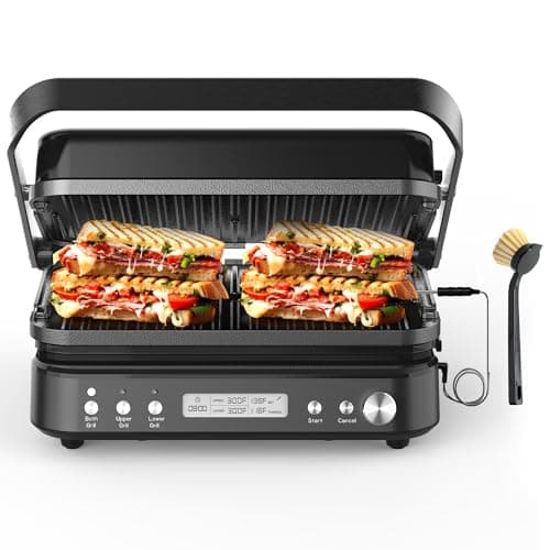 Panini Press Grill Sandwich Maker with Removable Plates, CATTLEMAN 5 in 1 Smokeless Indoor Grill & Griddle with Meat Thermometer, PFAS Free Ceramic Nonstick Reversible Plates, Opens Flat, 1600W