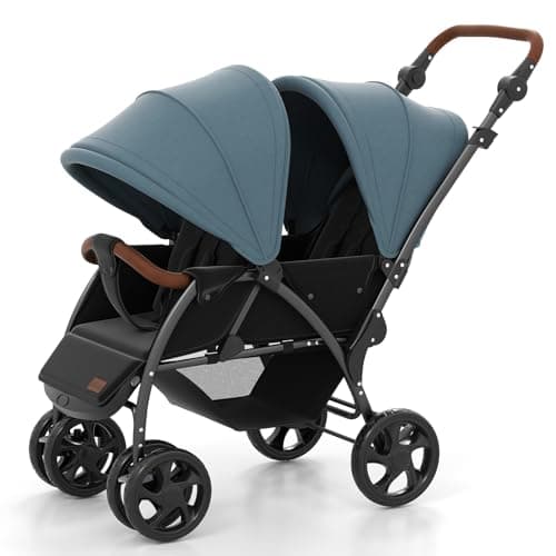 INFANS Double Stroller, Foldable Baby Tandem Stroller with djustable Backrest Canopy Footrest, 5-Point Harness, Storage Basket, Convertible Compact Twin Stroller for Infants and Toddlers (Sage)