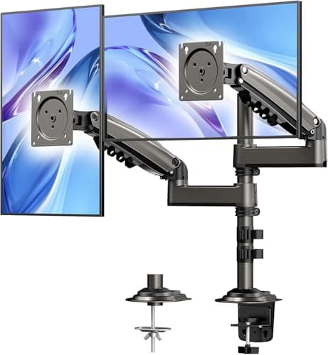 HUANUO Dual Monitor Stand - Height-Adjustable Dual Arm Monitor Mount Desk Stand, Fits Two 17 to 32 Inch Screens with Clamp and Grommet Mounting Base, Each Arm Holds up to 20lbs