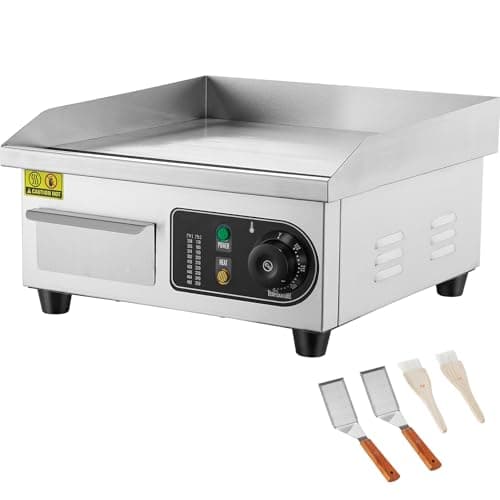 Uargd Commercial Electric Griddle, 1700W Countertop Flat Grill, Adjustable Temperature 122℉-572℉, 14.17 x 11.81 x 0.39in Stainless Steel Cooking Surface with 2 Spatulas and 2 Cleaning Brushes for Home