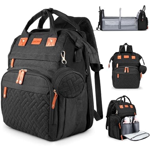 JOYCE Diaper Bag Backpack with Changing Station, Fold-Out Bassinet & Sunshade, 25L Large Capacity, 19 Pockets, Waterproof 900D Oxford, USB Port, Stroller Straps, Black