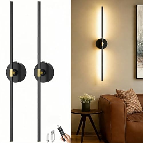 10000mAh Battery Operated Wall Sconces Set of 2: Wireless Sconce Rechargeable Wall Lights with Remote and Touch, 360° Rotate Cordless Wall Lamp for Bedroom Living Room Bathroom, 31.5 Inch, Black