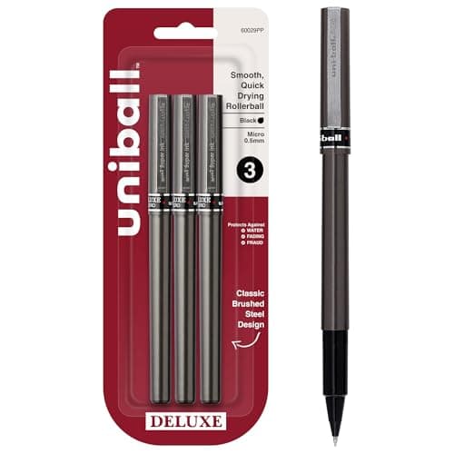 uni-ball DELUXE Rollerball, Stick Roller Ball Pen Micro-0.5mm, 3-Carded, Black Ink (60029PP)