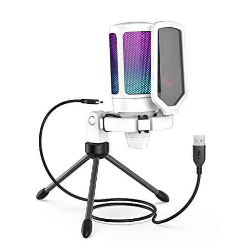 Fifine PC Gaming USB Desktop Microphone, Clear Voice for Streaming, Podcasting, Recording, Online Game, RGB Condenser Cardioid Computer Mic with Shock Mount, Pop Filter-White A6W