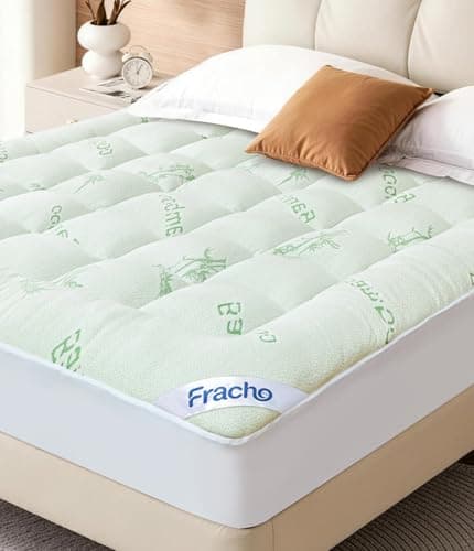 Fracho Ultra Soft Mattress Topper Queen Size - Cooling Mattress Topper with Rayon Made from Bamboo Cover - 1000GSM Plush Pillow Top Bed Pad, Naturally Breathable & Supportive for Hot Sleepers, Green