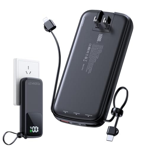 Portable Charger Power Bank, 15000mAh Portable Charger Fast Charging Lightweight, Built-in AC Wall Plug and 2 Output Cables with LED Display for iPhone Samsung iPad etc (Black)