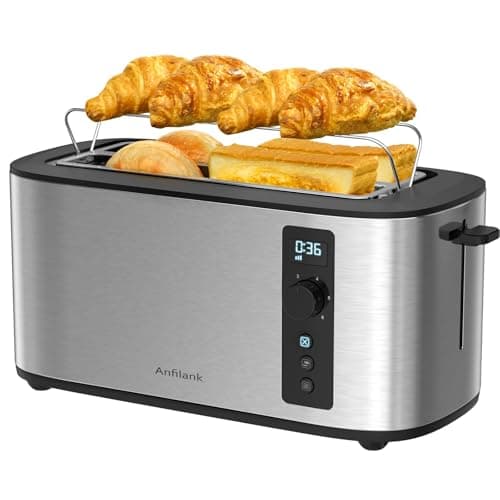 Anfilank Long Slot 4 Slice Toaster, Countdown Timer, 6 Browning Settings, Cancel/Bagel/Defrost Functions, Built-in Warming Rack, Removable Crumb Tray, Extra-Wide Long Slots - Stainless Steel