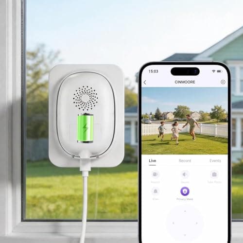 CINMOORE No Drill Window Security Camera, 2.5K 4MP Wireless/Wired WiFi Indoor/Outdoor Camera, Free AI Human/Vehicle/Pet Detection, 5000mAh Battery or Plug-in Power, Color Night Vision, 24/7 Recording
