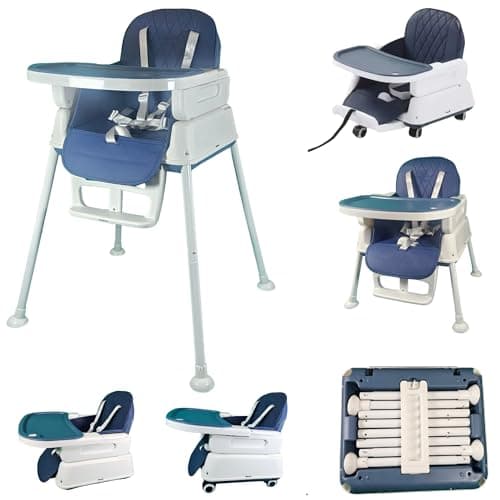 Popup closed 7-in-1 Fully Convertible Baby High Chair – Newborn to Toddler Booster, Foldable & Portable, Easy-Clean Washable Cushion, Removable Tray, 5-Point Safety Harness – Grows with Your Child (Dark Blue)