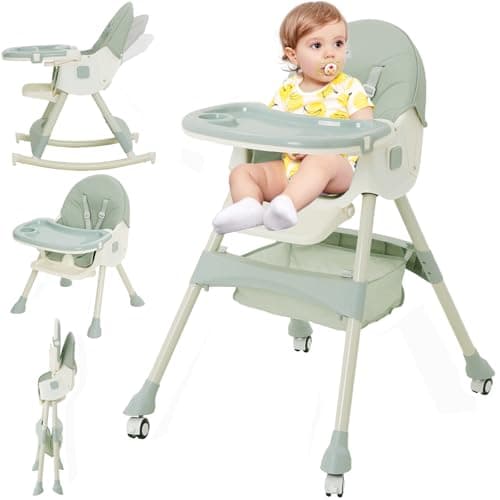 Baby High Chair 3-in-1 Foldable Adjustable Convertible Feeding Chair Babies and Toddlers Portable Booster Seat Rocking Chairs Reclining Seat with PU Cushion,Footrest and Double Tray (Green)