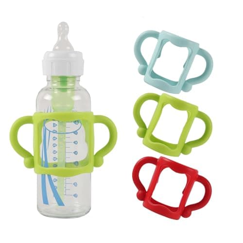 HKYLRAT 3 Pack Bottle Handles for Baby Bottles with Easy Grip Handles to Hold Their Own Bottle, BPA-Free Soft Silicone (Blue Green Red)