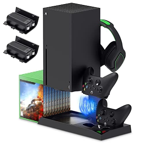 Cooling Stand System for Xbox Series X Console Accessories with Charger Station, Cooler Fan with 2X1400 mAh Rechargeable Battery Pack&10 Game Storage Organizer, Headphone Holder for Xbox Series X