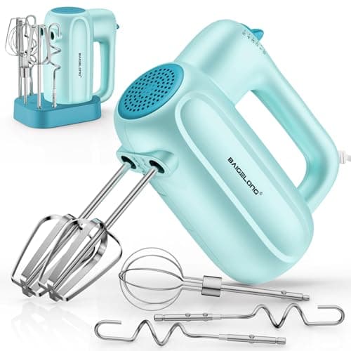 BAIGELONG Hand Electric Mixer, 5-Speed KitchenMixer with 5 * 304 Stainless Steel Attachments + Storage Base, Portable Food Handheld Mixer for Baking, Whipping Cream, Cake Mixing, Blue