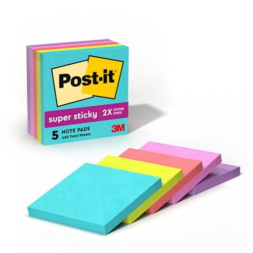 Post-it Super Sticky Notes, 5 Sticky Note Pads, 3 x 3 in., School Supplies, Office Products, Sticky Notes for Vertical Surfaces, Monitors, Walls and Windows, Supernova Neons Collection