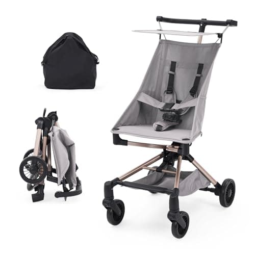 Joankaren Lightweight Baby Stroller Under 10 LBS, Travel Strollers for Airplane with Carry Bag, One-Handed Fold Compact Umbrella Stroller - Adjustable Sun Canopy, 360° Wheels & 3-Point Safety Harness, Light Grey