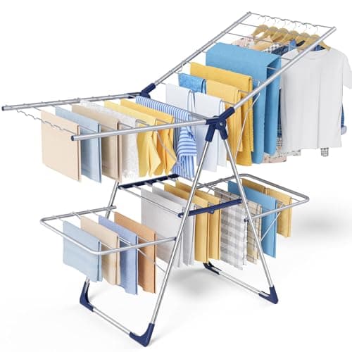 Sakugi Clothes Drying Rack, Foldable 2-Level Laundry Drying Rack with Height-Adjustable Wings, for Clothing & Bedding, Free-Standing Space-Saving Rack, Indoor & Outdoor, 141 x 58 x 93 cm, Silver Blue