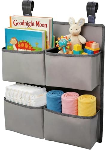 KIKJOK Hanging Diaper Organizer for Crib/Playpen/Bassinet – Hold 80+ Diapers - 4 Deep Pockets-H19in x L15 in Changing Table Diaper Holder - Hanging Diaper Stacker Nursery Caddy Organizer - Grey
