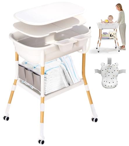 SENSUVA 2-in-1 Baby bath with Changing Table, Adjustable Height(86/89/92cm), Auto-Drain System, 360° Lockable Wheels, Spacious Storage Tray, Soft Comfort Pad & Bath Mat