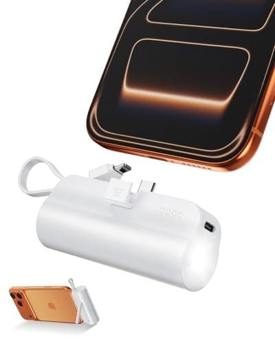 5000mAh Mini Portable Charger with Built-in Type C Connector & Cables,5V 2.4A USB-C Small Power Bank,2 Output Flashlight External Battery Pack Compatible with iPhone 17-12 Pro Galaxy,iPad (White)