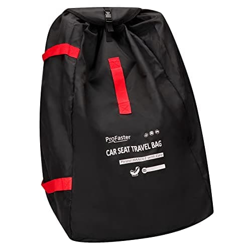 ProFaster Car Seat Travel Bag Backpack for Air Travel - Universal Infant Carseat Gate Check Bag Cover for Airplane, Foldable with Pouch, Red