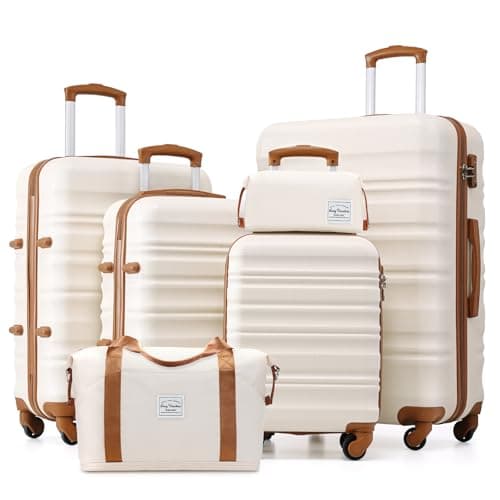 LONG VACATION Luggage Sets 4 Piece Luggage with ABS+PC Hardshell, Spinner Wheels & YKK Zipper TSA Lock for Travel Esssentials (White-Brown, 6 piece Set)