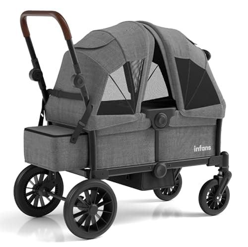 INFANS Wagon Stroller for 2 Kids, Collapsible Adjustable Push Pull Handle Bar, 2 Seater Stroller Wagon with Removable Canopy Snack Tray, Comfortable Drop-Down footwell and Upholstered Seats (Grey)
