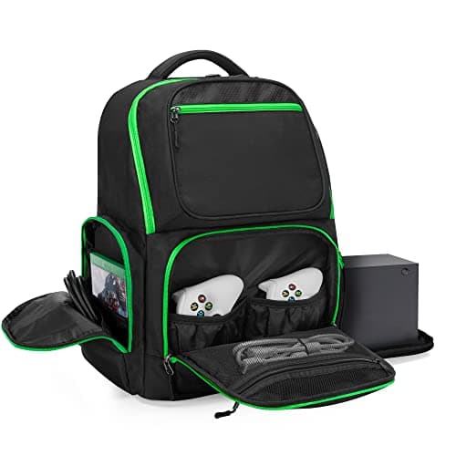 Trunab Travel Backpack Compatible with Xbox Series X Carrying Case Game Storage with Inner Divided Spaces for Xbox X/S Console, Multiple Pockets for 15.6” Laptop and Accessories, Green(Patent Pending)