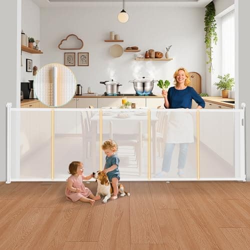 4 Meters Retractable Baby Gate Extra Wide 160'' × 42" Tall White Mesh Dog Child Pet Safety Indoor Outdoor Retractable Gates for Decks, Garages, Patios, Doorways, Stairs with Reinforcement Strips