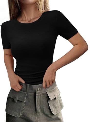 PRETTYGARDEN Women 2026 Summer Crew Neck Short Sleeve Tops Ribbed Knit Slim Fit Fashion Basic Tee Shirts Casual Going Out Top(Black,Medium)