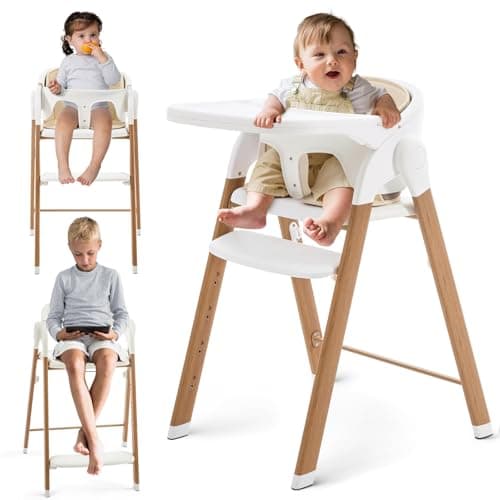 Ihoming 5-in-1 Baby High Chair Foldable Adjustable Feeding Seat for Toddlers, Portable Highchair with Removable Dishwasher, High Capacity 240lb Adult Dining Chair Conversion, White