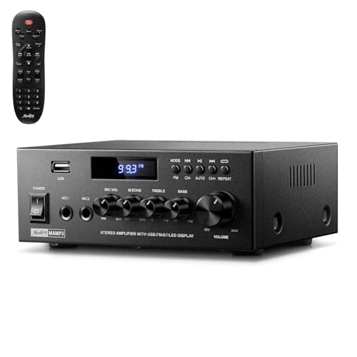 Moukey Amplifier Home Audio, 2.0 Channel Stereo Receivers with Bluetooth 5.3, Full Function Remote, FM, RCA, USB, 2 Mic in, 300W Peak Power, for Karaoke, Garage, Home Theater, MAMP3