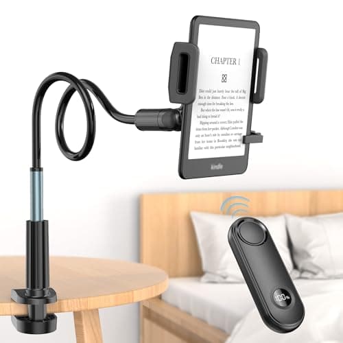 PlusAcc Gooseneck Stand Holder with Remote Page Turner for Kindle Reading in Bed, Hands-Free Lazy Arm Stand Bedside Desk, Adjustable Bed Holder Mount for Kindle Accessories, Kobo, eReaders