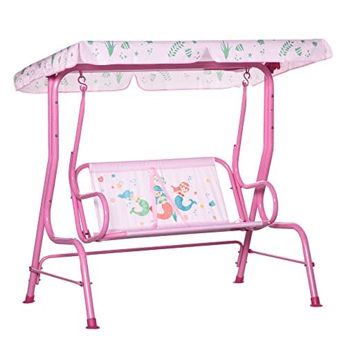 Outsunny 2-Seat Kids Porch Swing Chair Adjustable Canopy Ages 3-6 Pink
