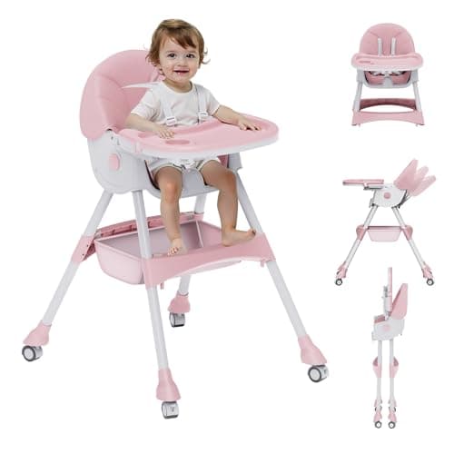 High Chairs for Babies And Toddlers, 4 in 1 Convertible Baby High Chair, Portable High Chair for Travel with Adjustable Height, Foldable HighChair With Wheels& Pu Cushion