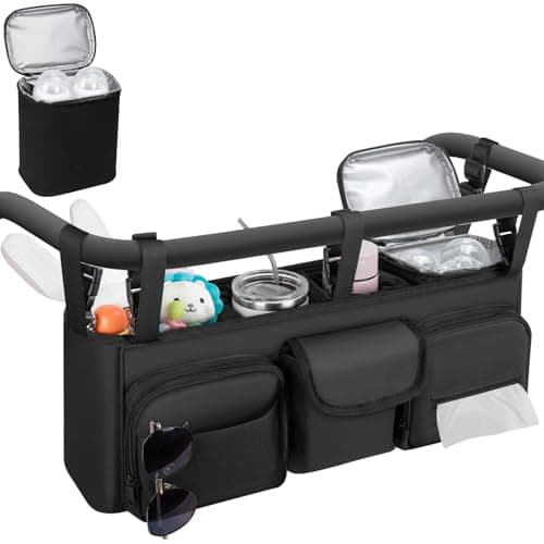 Double Stroller Organizer Compatible with Bob Duallie and Baby Jogger City Mini GT2, Double Baby Stroller Accessories with Cooler Bag, Parent Console Double Jogging Stroller Caddy, Black
