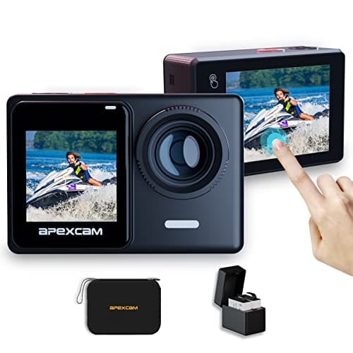 Apexcam 4K/60FPS 24MP Action Camera with Touch Screen EIS Sports Cam Dual Screen 40M Waterproof Camera Ultra HD 170° Wide Angle 2.4G Remote Control and External mic 2x1350mAh Batteries Kits
