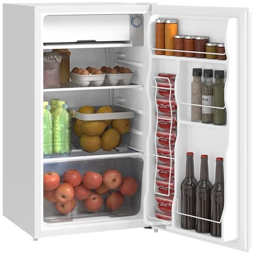 HOMCOM Mini Fridge with Freezer, 3.2 Cu. Ft. Compact Refrigerator with Adjustable Shelves, Mechanical Thermostat, Reversible Single Door for Bedroom, Kitchen, Apartment, White