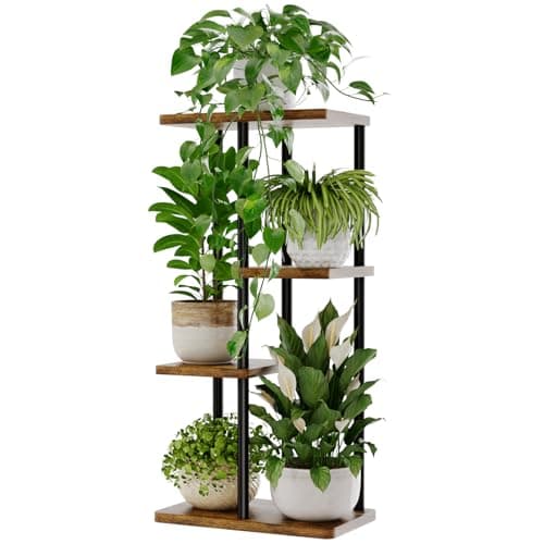 Bamworld Small Plant Stand Indoor Metal Plant Shelf Brown Plant Holder 4 Tier 5 Potted for Multiple Plants Corner Plant Table for Patio Garden Balcony Living Room