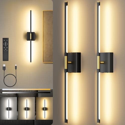 Battery Operated Wall Sconces Set of Two, 10000mAH Battery Charged Wall Lights with Remote Control, Dimmable Black Gold LED Wireless Lamps for Living Room, Bedroom, Hallway, Dining Room, 360° Rotate