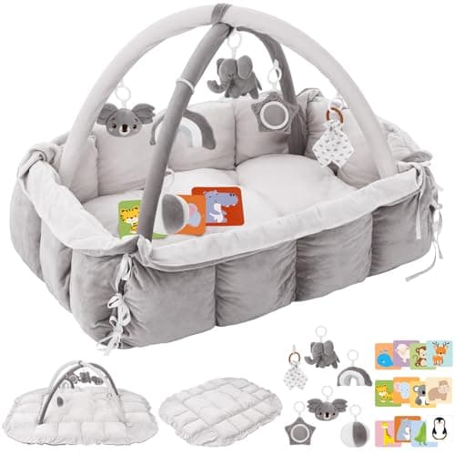 5-in-1 Plush Baby Play Gym, Baby Play Mats, Convertible Baby Gym, Tummy time mat, 6 Sensory Toys, Activity Center, Ball Pit, Rectangle Grey