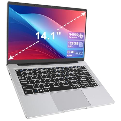 14" Laptop, Celeron N4000 Processor Laptop Computer, 6GB RAM 128GB SSD Ordinateur Portable HD IPS Display, Portable PC Fanless Notebook with Bluetooth/USB 3.0/Mini HDMI for Business Study