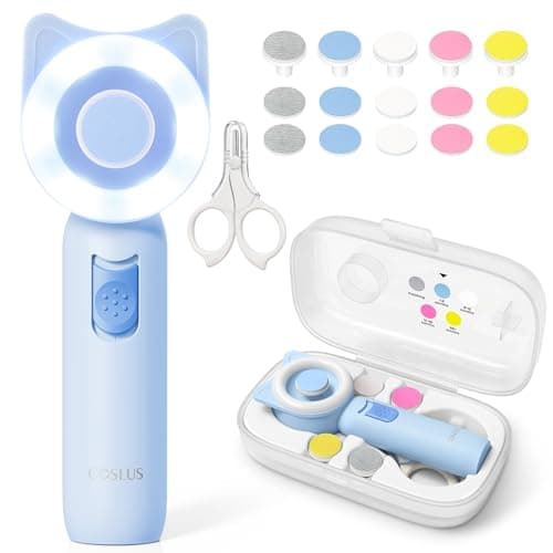 COSLUS C50 Baby Nail File Electric: Gentle Baby Nail trimmer with Quiet Design & 360° Light - Safe for Trim, 16 in 1 Cute Baby Nail Kit for Newborn Infant Kid Fingernail, Ocean Blue
