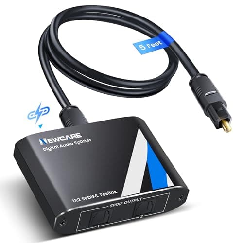 NEWCAER Digital Optical Splitter 1 in 2 Out,SPDIF Toslink Digital Optical Audio Cable Splitter 1x2 Support LPCM2.0 Doldy Digital & DTS 5.1 for Xbox,PS5,DVD,TV,Home Theatre, Receiver,Sound Bar