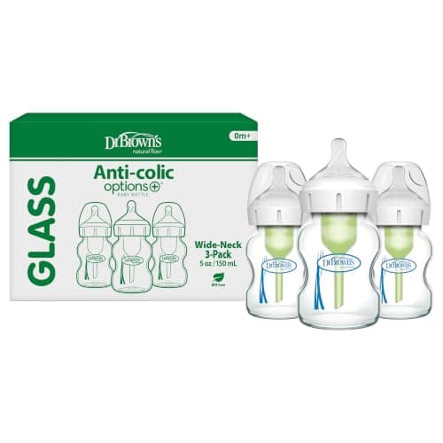 Dr. Brown's Options+ Wide-Neck Glass Baby Bottles, 5 Ounce, 3 Pack
