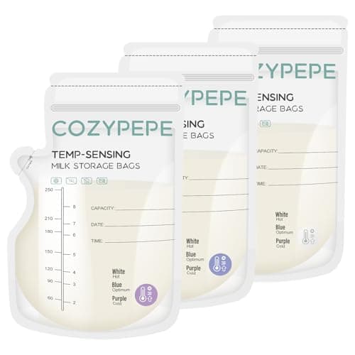 Cozypepe 100 Pcs Breastmilk Storage Bags, 8oz Breast Milk Storing Bag with Pour Spout, Temperature-Sensing Color Change Milk Bag for Convenient Breastfeeding, No Leak Presterilized for Freezer