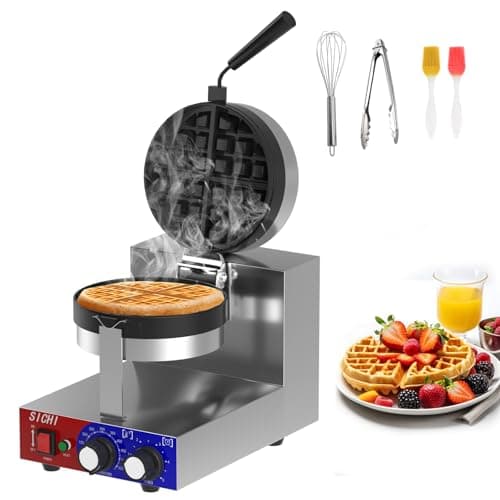SICHI Commercial Waffle Maker - Belgian Waffle Maker w/Non-stick Baking Pan and 550℉ Heating, 1200W Rotating Waffle Iron for 1.2" Thick, Stainless Steel Round Waffle Machine for Hotel and Restaurant