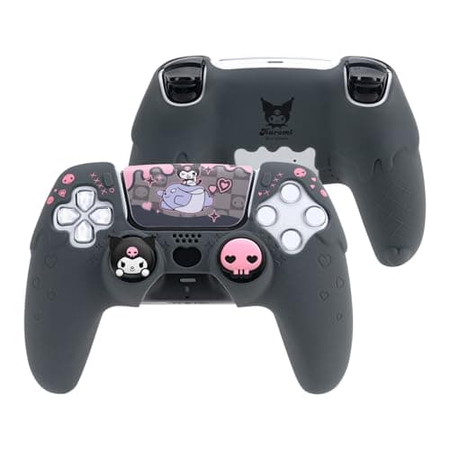 Kuitmor Silicone PS5 Controller Cover Skin Set, Anti-Slip Soft Protective Case for PS5 Wireless Controller with 2 Thumb Grip Caps and 1 Sticker, Cute Pattern Design (Black)