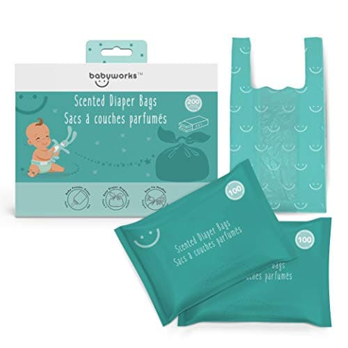 Baby Works - Disposable Diaper Bags with Baby Powder Scent, Odor Neutralizing, Easy Tie Handles, for Diaper Disposal, Pet Waste, Travel, Nursery and On-the-Go, 200 Count