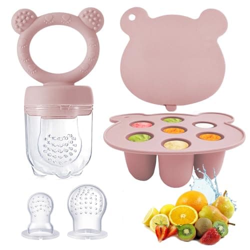 ninecessary Silicone Baby Food Freezer Tray & Baby Fruit Feeder Pacifier, Breastmilk Popsicle Molds for Teething and Infant Self Feeding, BPA Free Teether for Babies 4 Month+ (Pink)